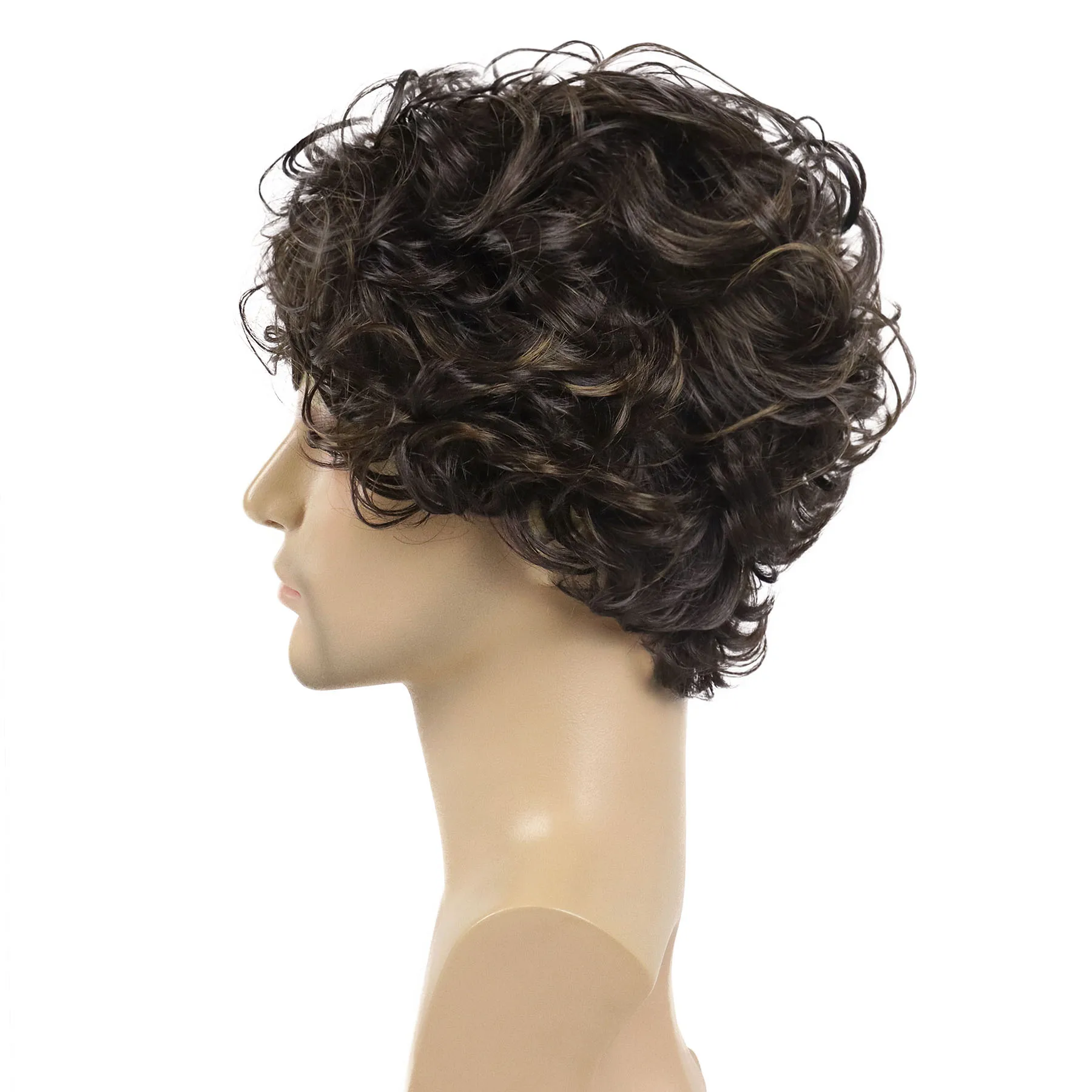 باروكات قصيرة مجعدة للرجال الآسيويات من الألياف الاصطناعية شعر مستعار بني مع الانفجارات شعر مستعار للرجال بني داكن تصفيفة الشعر الطبيعي شعر مستعار كامل للارتداء اليومي #5