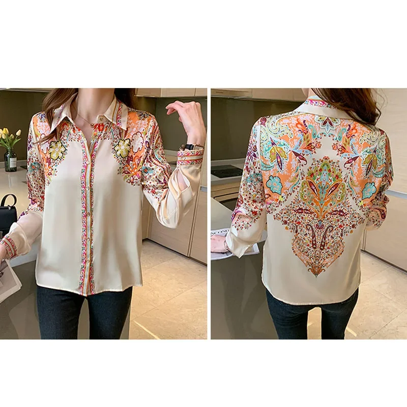 New Long Sleeve Silk Shirts Women Elegant Satin Blouse Fashion Floral Print Clothes Woman Button Up Ladies Tops Blusas 18440