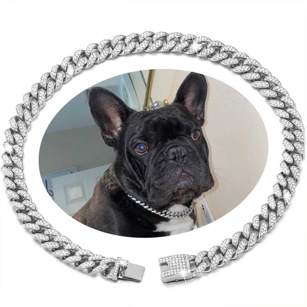 Dog Chain Collar Luxury Diamond Cuban Chain Metal Collar Dog Necklace For Small Medium Large Dogs Pet Cat Fashion Accessories