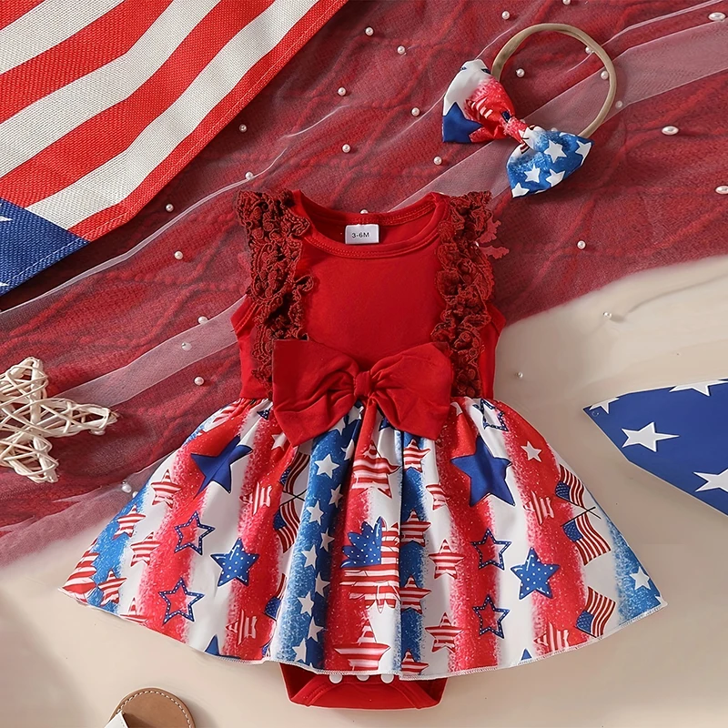 Infant Girls Patriotic Romper Dress with Headband Sleeveless Star Print Jumpsuit for Independence Day Celebration