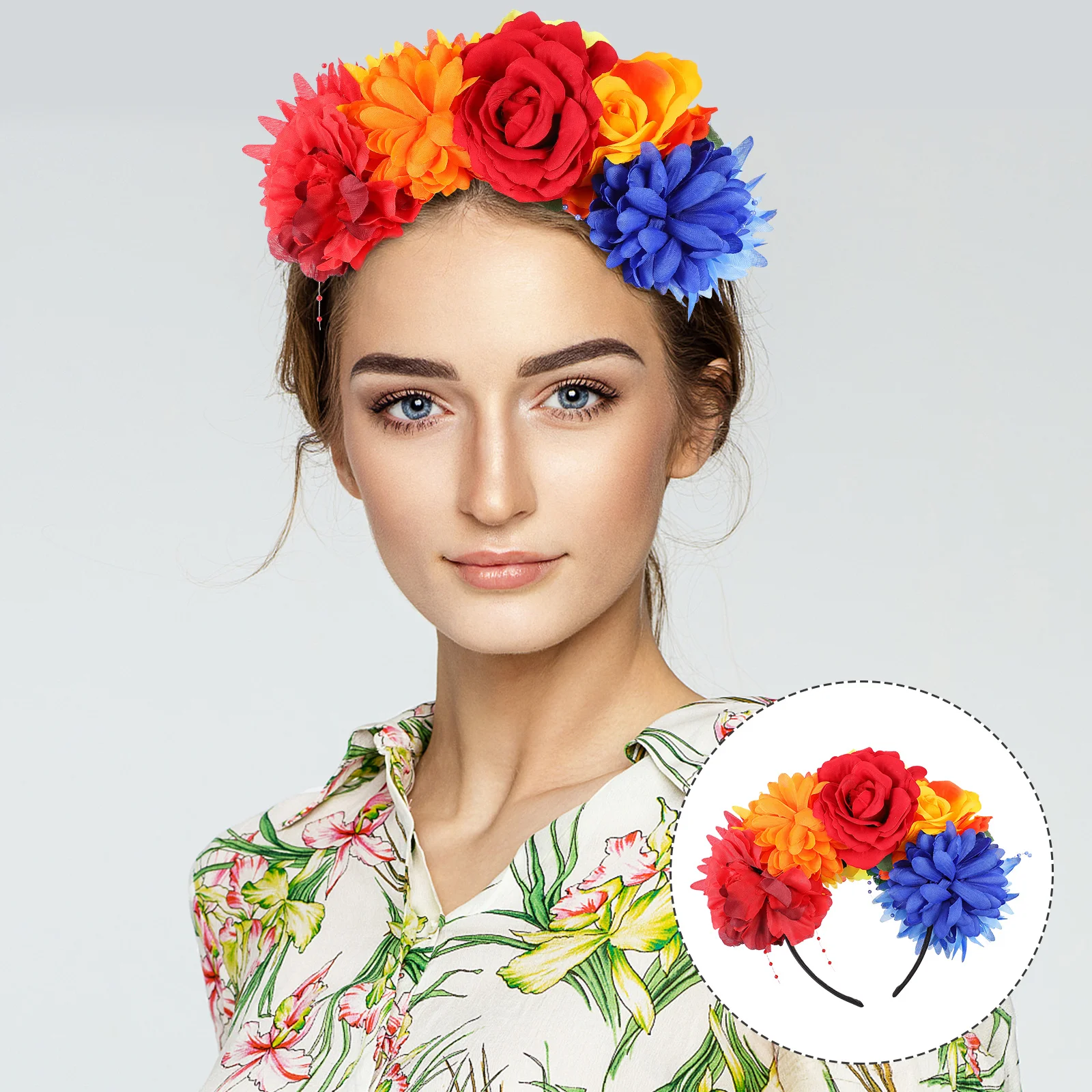 Flower Crown Headband Fabric Floral Hair Accessory Waterproof Black Metal Leaves Design For Women Rainbow Crown Pride
