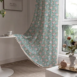 American Style Cotton Curtains, Retro Flower Printed, Tassel Curtains, Living Room, Kitchen, Bedroom, Drapes, Float Window,