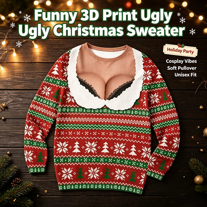 Funny 3D Fake Chest Print Ugly Christmas Sweater Unisex Long Sleeve Pullover Novelty Xmas Party Cosplay Sweatshirt Holiday Gift