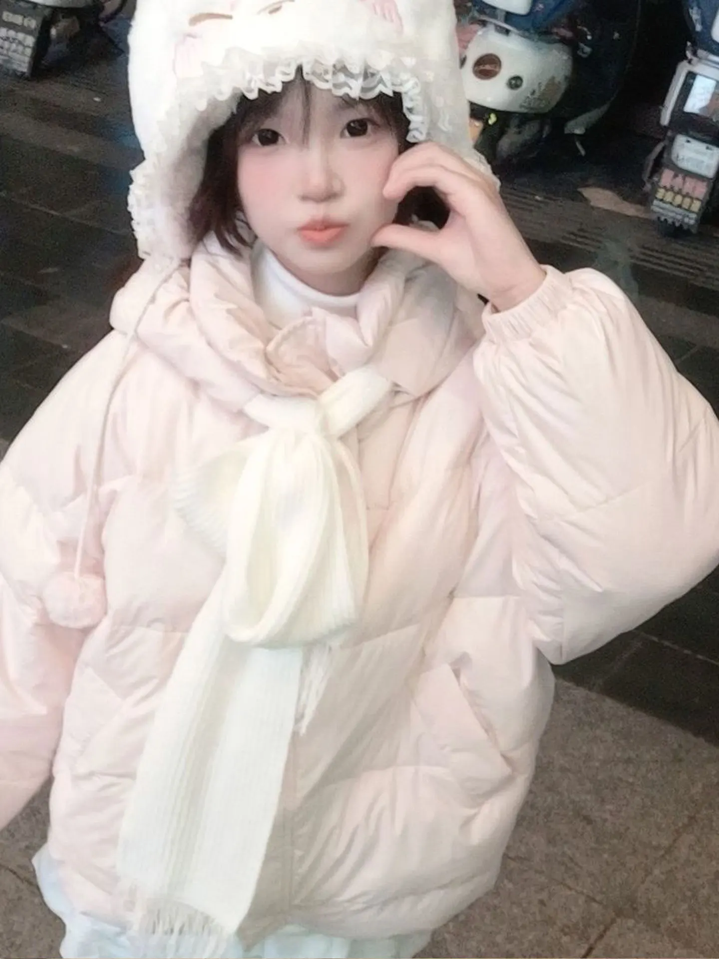 Removable Scarf Pink Cotton Jacket Women Winter Warmth Bread Style Coat Casual Straight Tube Long Sleeve Thickened Fillment