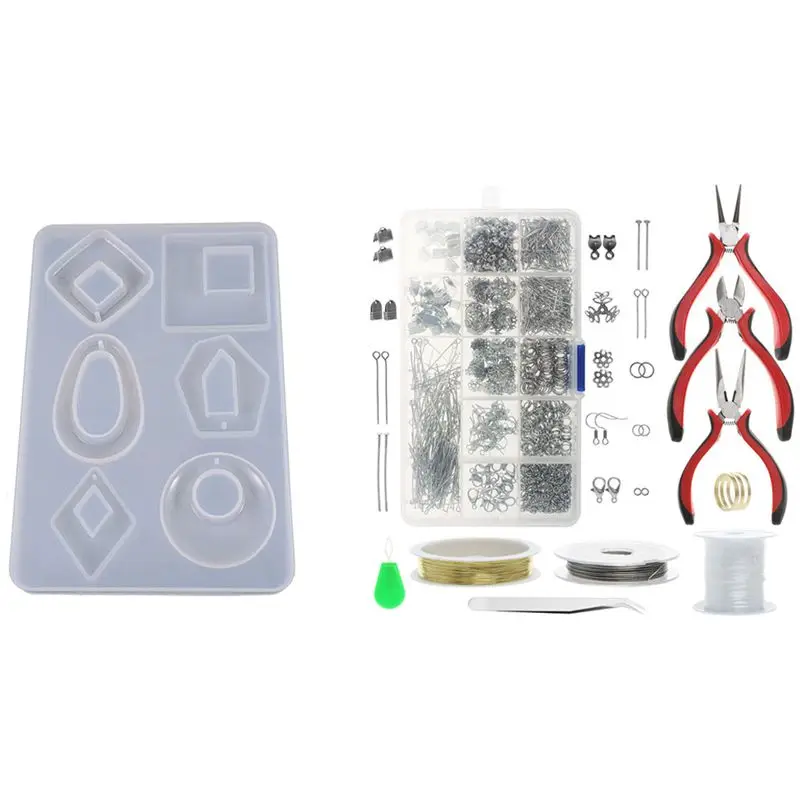 

1 Set 15 Grid DIY Jewelry Accessories Jewelry Making Tool Kit & 1Pcs Silicone Acrylic Earring Necklace Pendant Mold