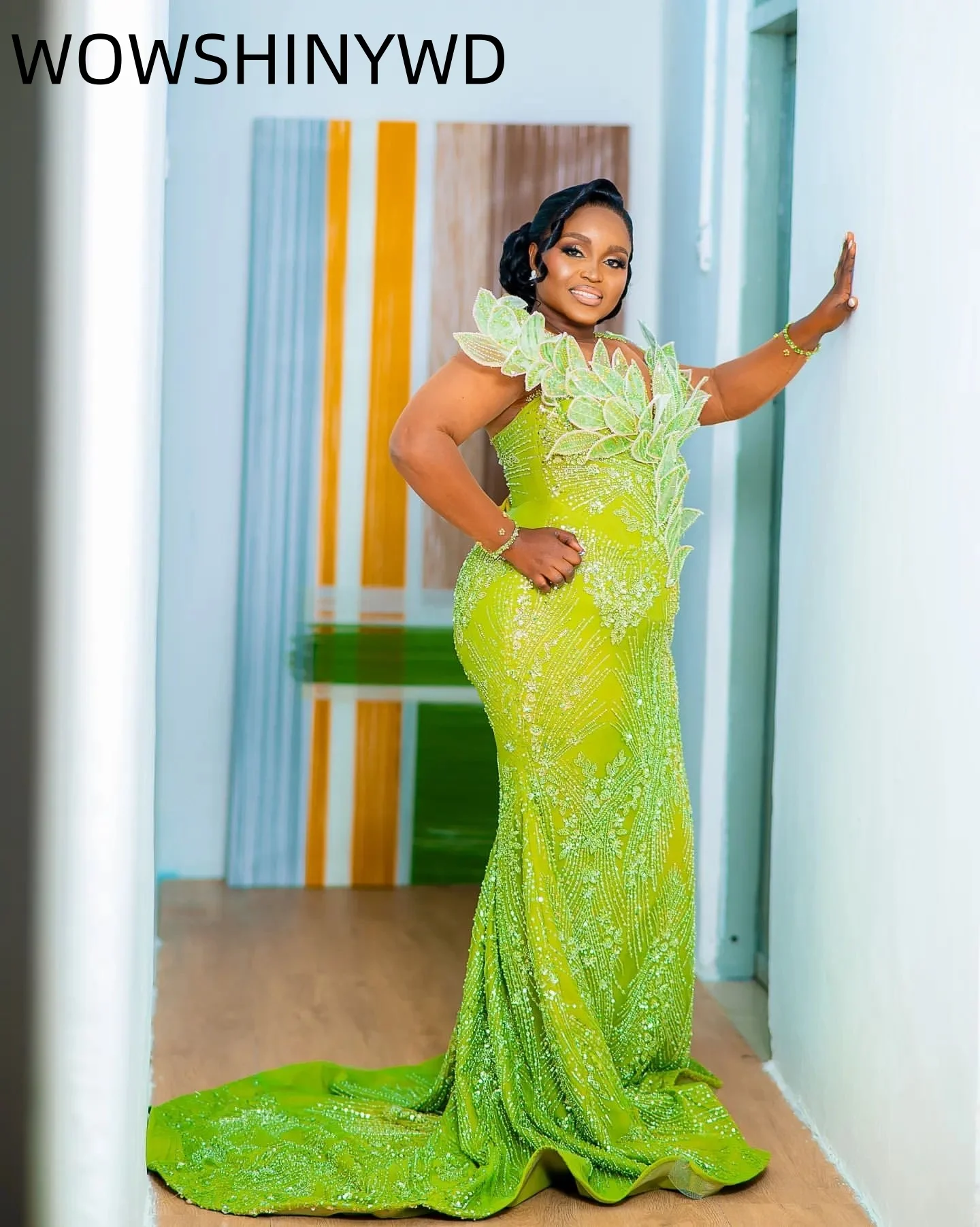 Maßgeschneiderte 2024 Aso Ebi Grüne Meerjungfrau-Abschlussballkleider mit Blumen, Perlen, formelle Party, zweiter Geburtstag, Kleider ZJ120