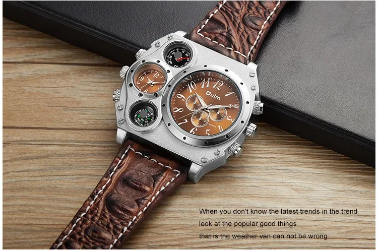 Oulm Brand New Style Mens Big Face Watches Military Dual Time Zone Sport Wrist Watch Casual Leather Strap Quartz Watches