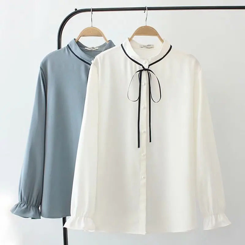 2023 Autumn Clothes Women Plus Size Sweet Lace-Up Chiffon Pearl Buttons Blouses Loose Casual Solid Color Curve