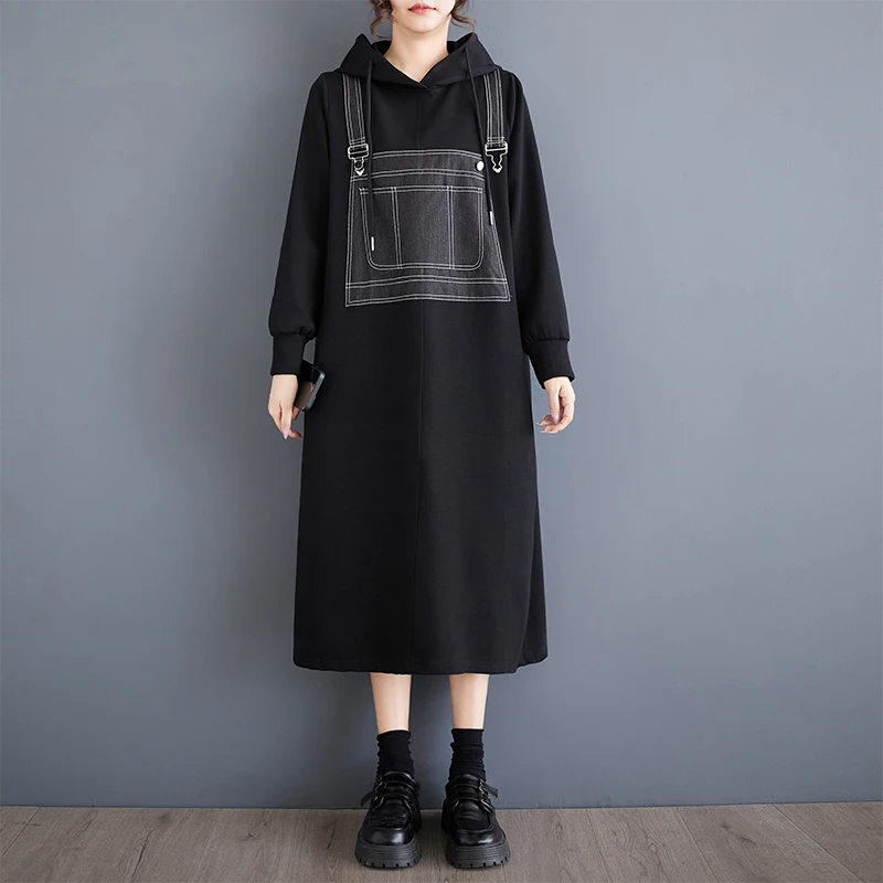 #6861 Black Hooded Sweatshirt Dress Women Loose A-line Streetwear Midi Dress Ladies Loose Split Joint False Two Piece Winter