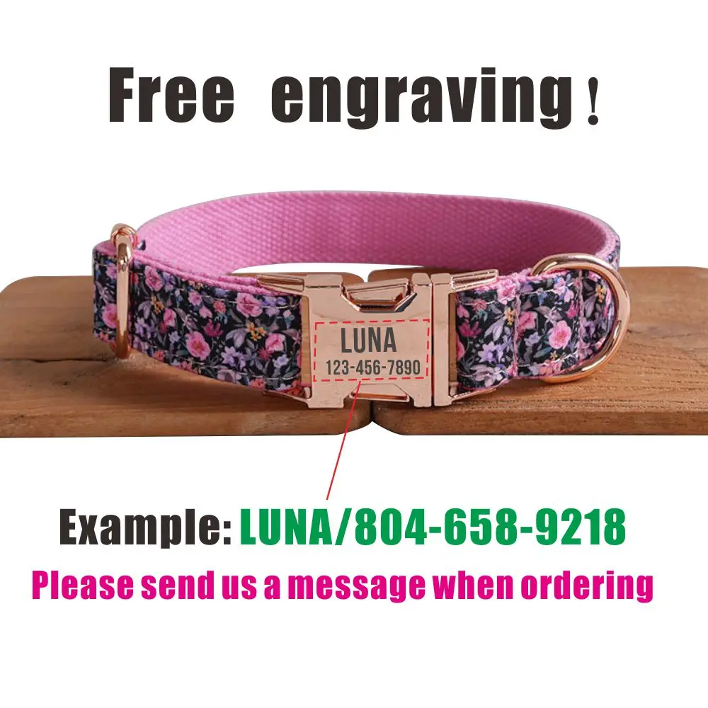 Personalized Dog Collar with Free Engraving, Matching Pet Leash,Customzied Contacts Metal Buckle, Pink Black Flowers Pet Collar