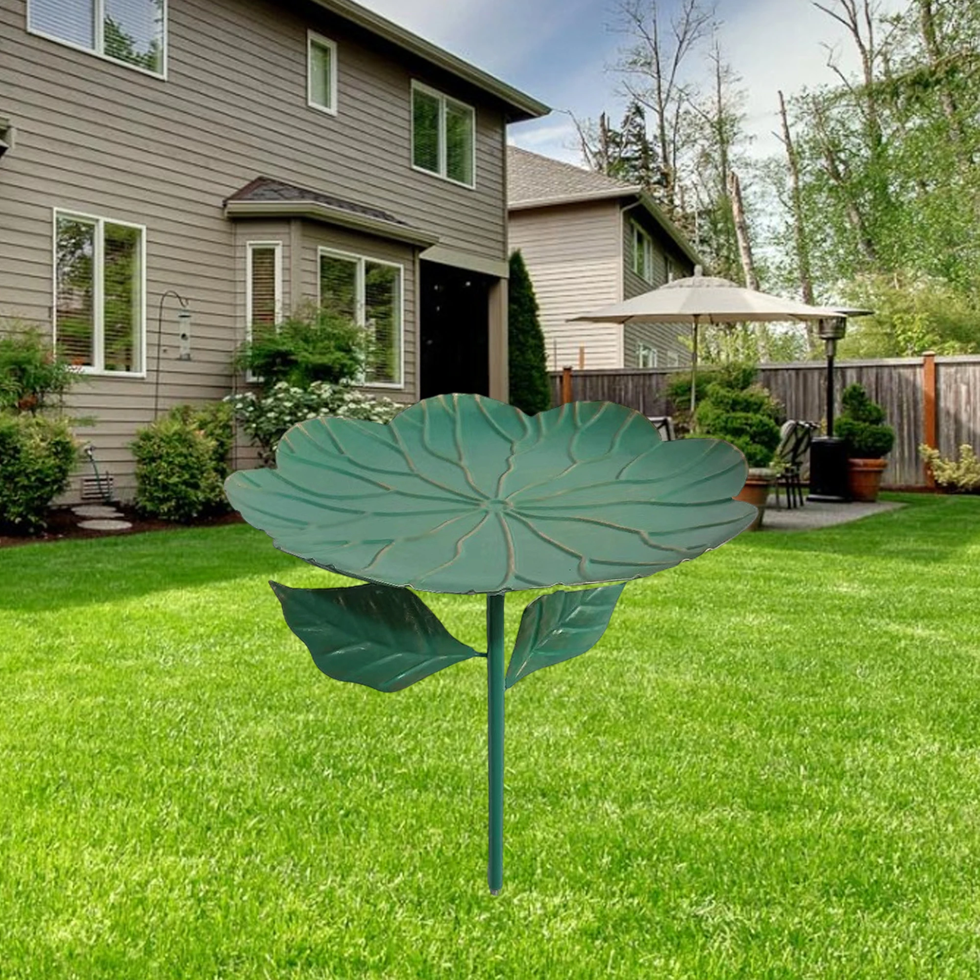 

Metal Bird Bath with Detachable Lotus Leaf Design and Freestanding Bird Bowl Spa Feeder on Metal Stake Stand for Outdoor Use