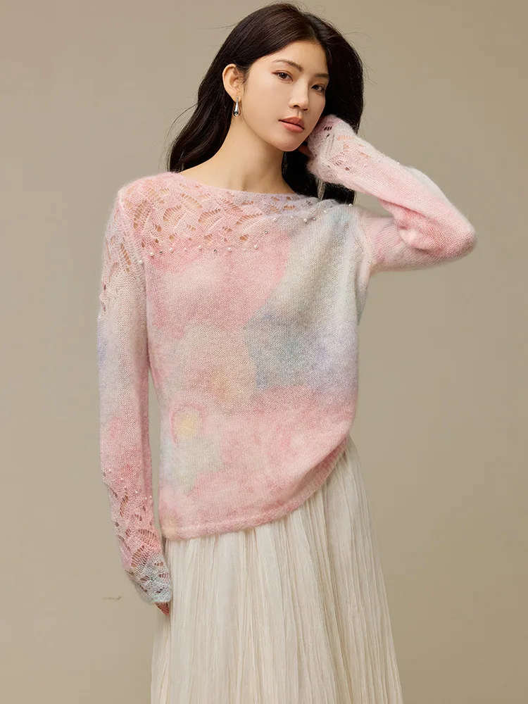 Gradient Mohair Wool Blend Sweater Autumn Women Beaded Hollow-out Long Sleeve Thin Knit Top elegant