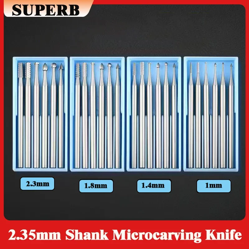 6Pcs/lot 2.35mm Shank Microcarving Knife 1.0/1.4/1.8/2.3mm Tungsten Carbide Burs Cutter Olive Core Carving Cutter Engraving Sets