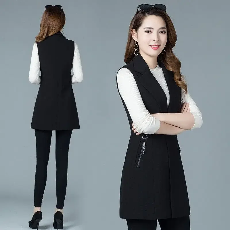 Classic Women Long Blazer Vest Elegant Office Lady Coat Female Waistcoat Casual Suits Sleeveless Jacket Pocket Outwear E244