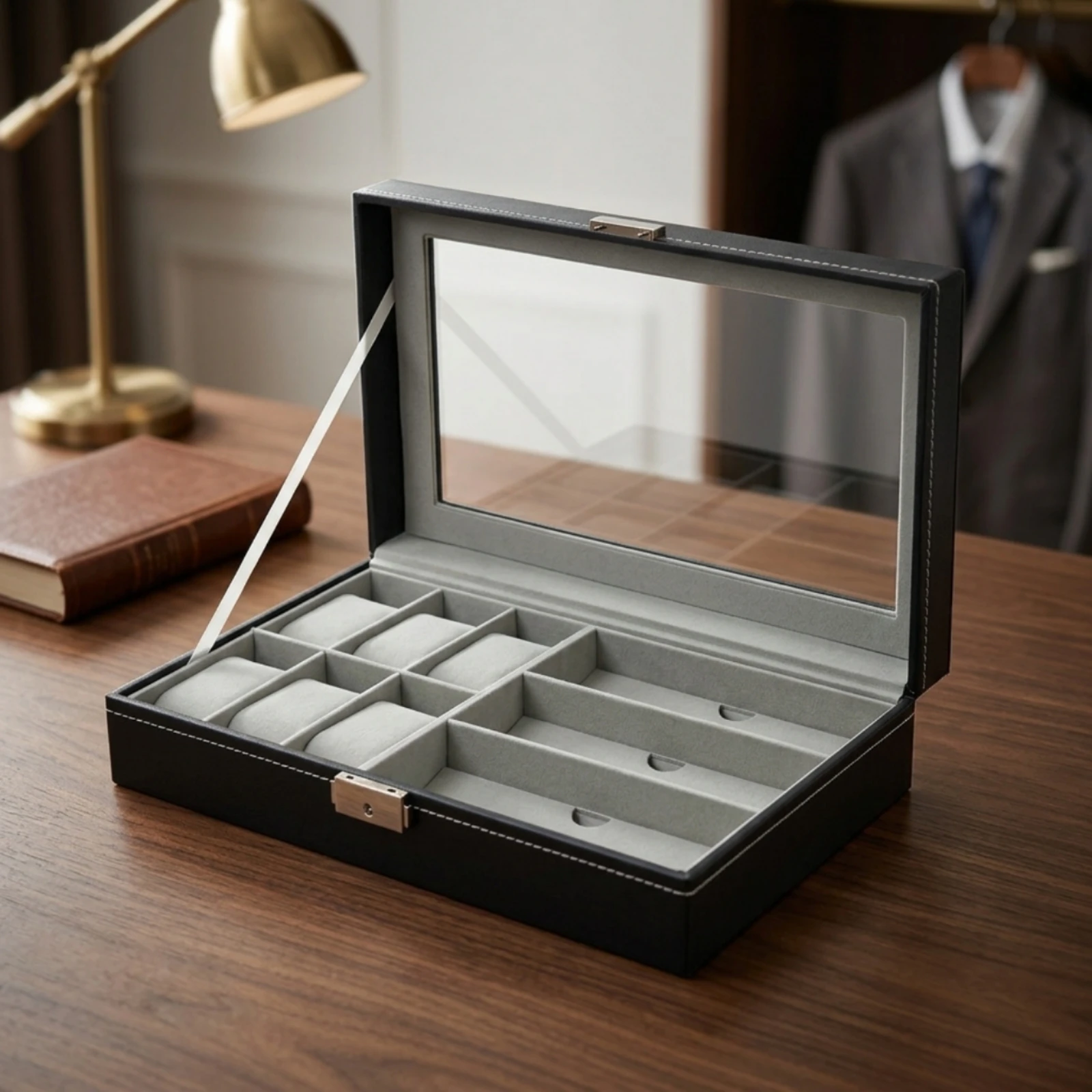 Watch Box Dustproof Watch Organizer with Window Jewelry Box Velvet-Lined Display Case Pu Leather for Collectors, Dresser, Vanity