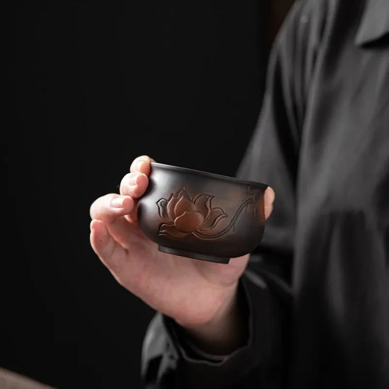 7.8cm Purple Clay Lotus Tea Cup Carved Kung Fu Tea Ceremony Chinese Tea Ware