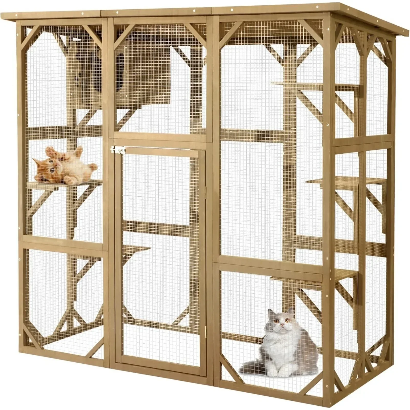 Large Fir Wooden Outdoor Indoor Catio Cat Enclosure with Weather Protection Roof with Cattery and 5 Platforms