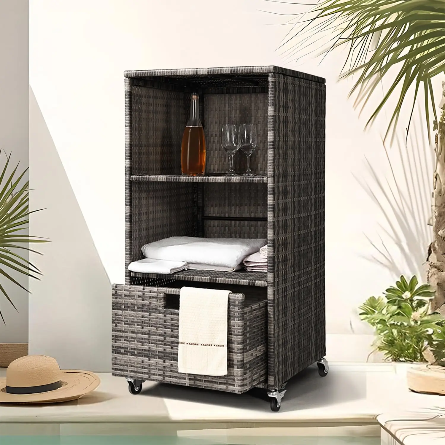 Outdoor Towel Rack for Pool Outdoor Pool Towel Storage Cabinet with Shelf & Drawer Pool Towel Holder with Rolling Wheels