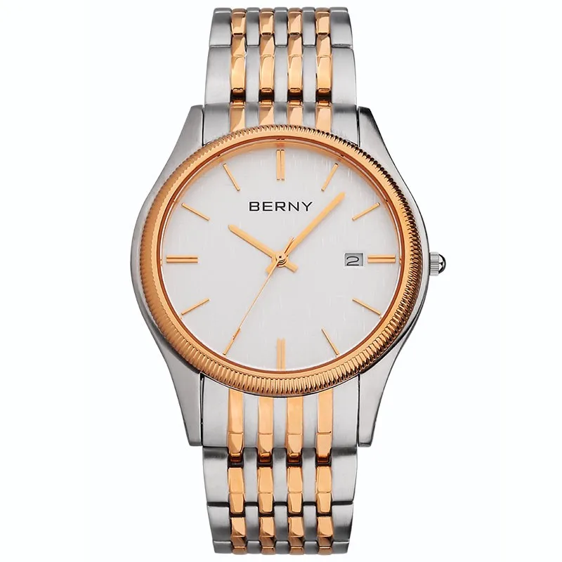 BERNY-Montre à Quartz pour Homme, Bracelet en Acier Inoxydable, Étanche, Saphir, Mode Moderne, Montre-Bracelet Classique