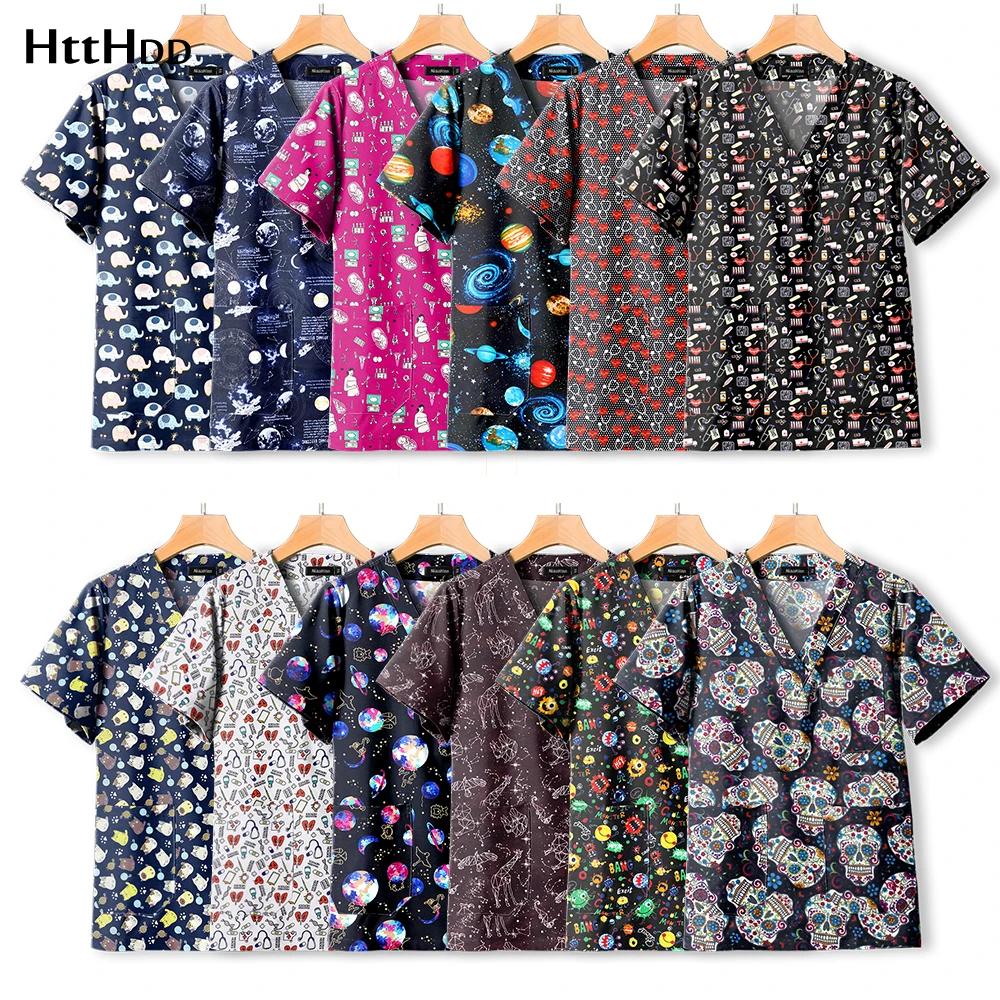 Wholesale Scrubs Breathable Nursing Stretch V-Neck Uniform Unisex Nurses Cartoon Print Scrub Tops Doctor Surgical Uniforms Woman