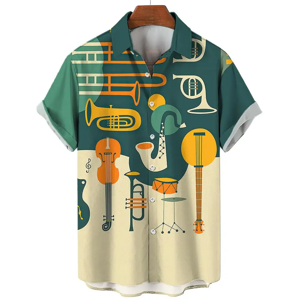 Camisas hawaianas para hombre, ropa de calle 3D con estampado, gráficos de instrumentos musicales, botón de moda, manga corta, solapa, Verano