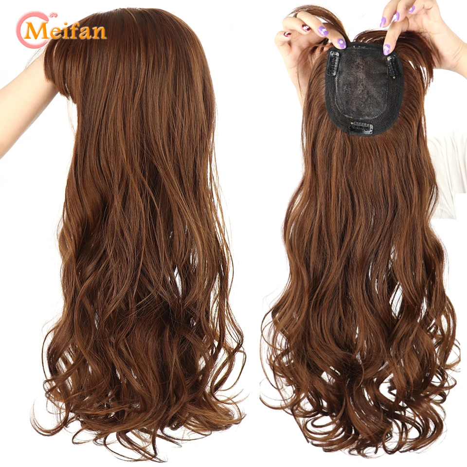 MEIFAN Long Synthetic Clip on Hair Extension Topper Add Volume Invisible Closure Hairpiece With Bangs for Covering White Hair