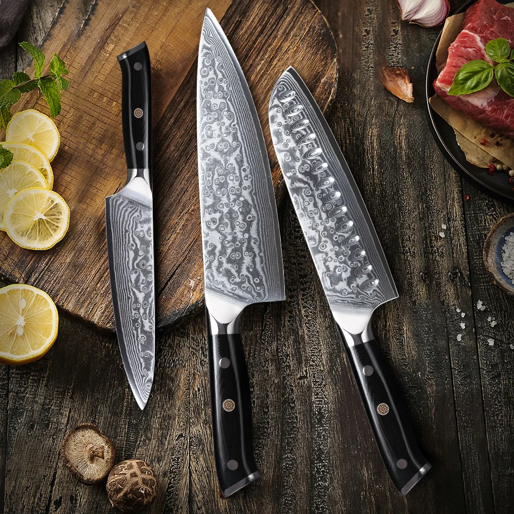 TURWHO 3 PCS Kitchen Knives Set 67 Layers Damascus Steel Japanese Santoku Chef Knife Fruit Slicing Utility Knife Cooking Tools