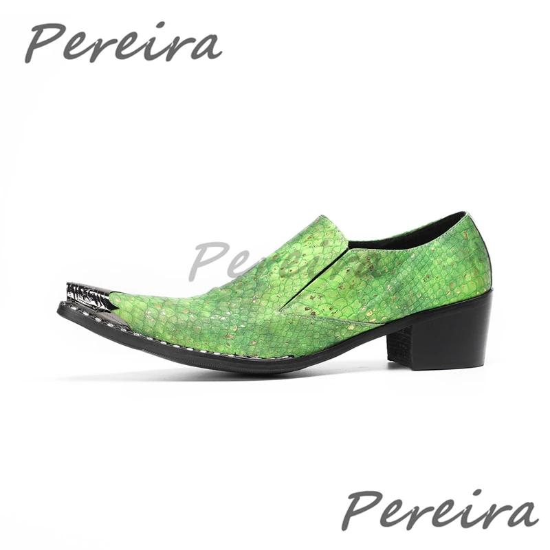 

Green Genuine Leather Men Loafers Luxury Gold Graffiti Iron Pointed Toe High Heels Summer New Party Wedding Dress Shoes