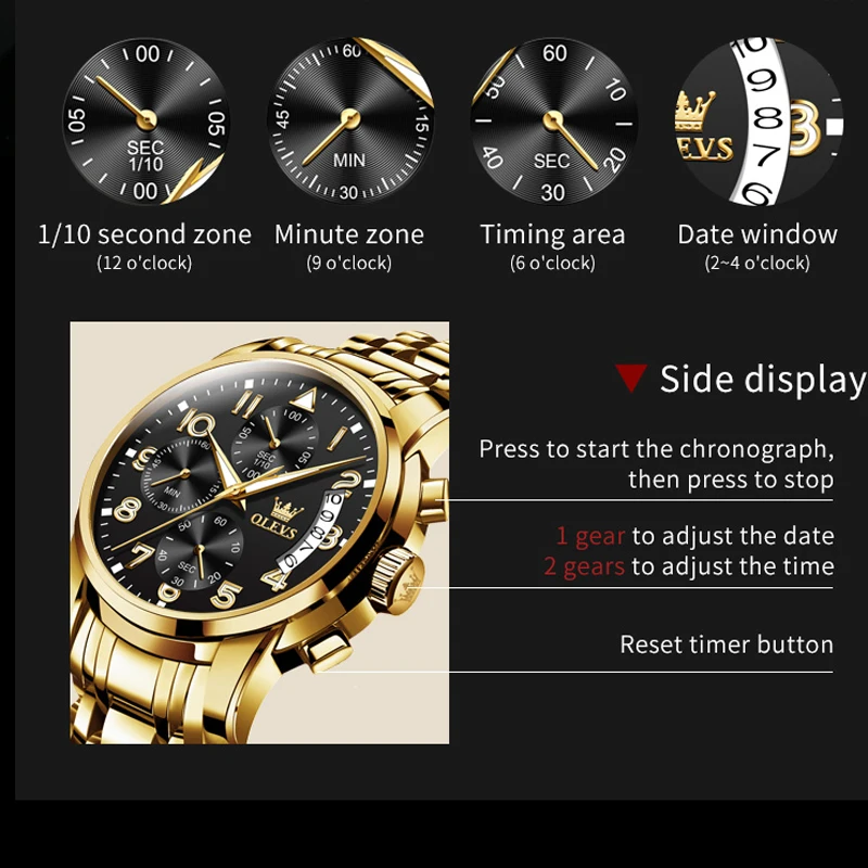 OLEVS Luxury Top Brand Watch for Men\'s Waterproof Sports Stainless Steel Chronograph Wristwatches Gold New Fashion Reloj Hombre