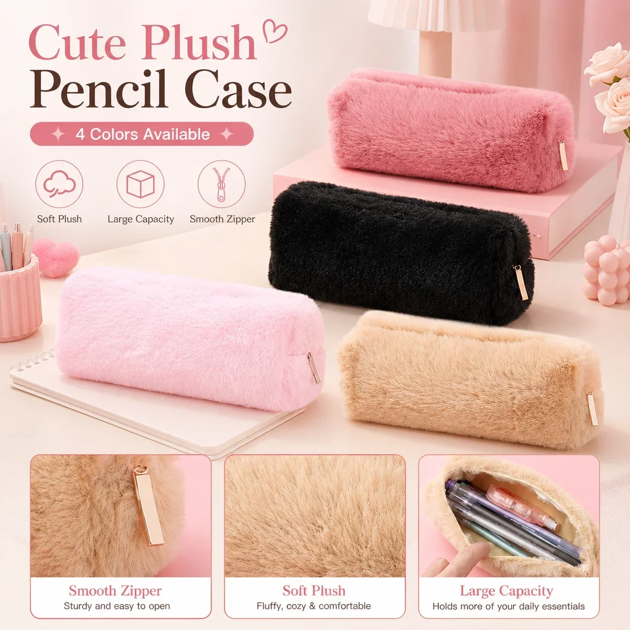 Fresh Cute Octagonal Pencil Case, Plush Pen Pouch for Girls, Simple Storage Bag for Students