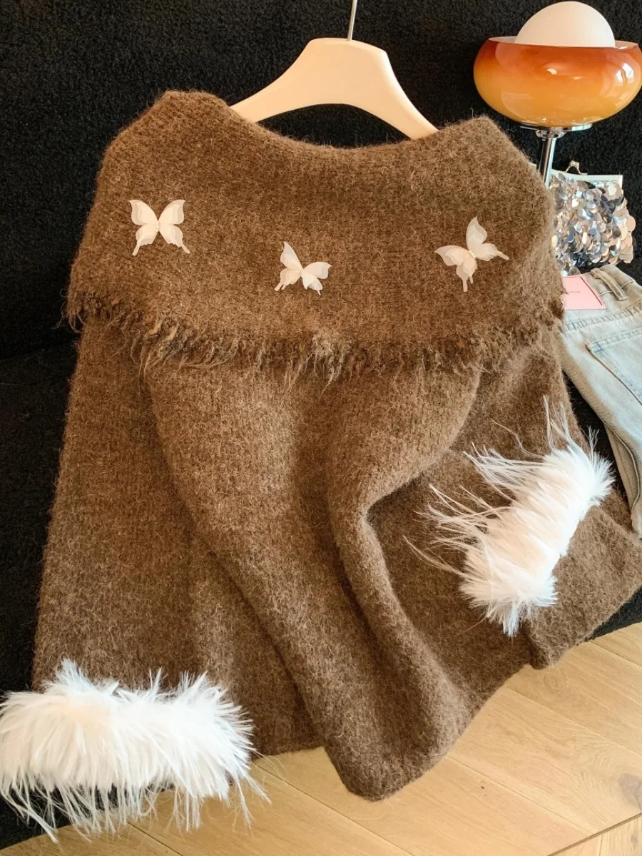 

Вязаный свитер с открытыми плечами и бархатными рукавами в корейском стиле, свободного кроя, с длинными рукавами, обеспечивающий тепло, модный элемент гардероба для повседневной носки