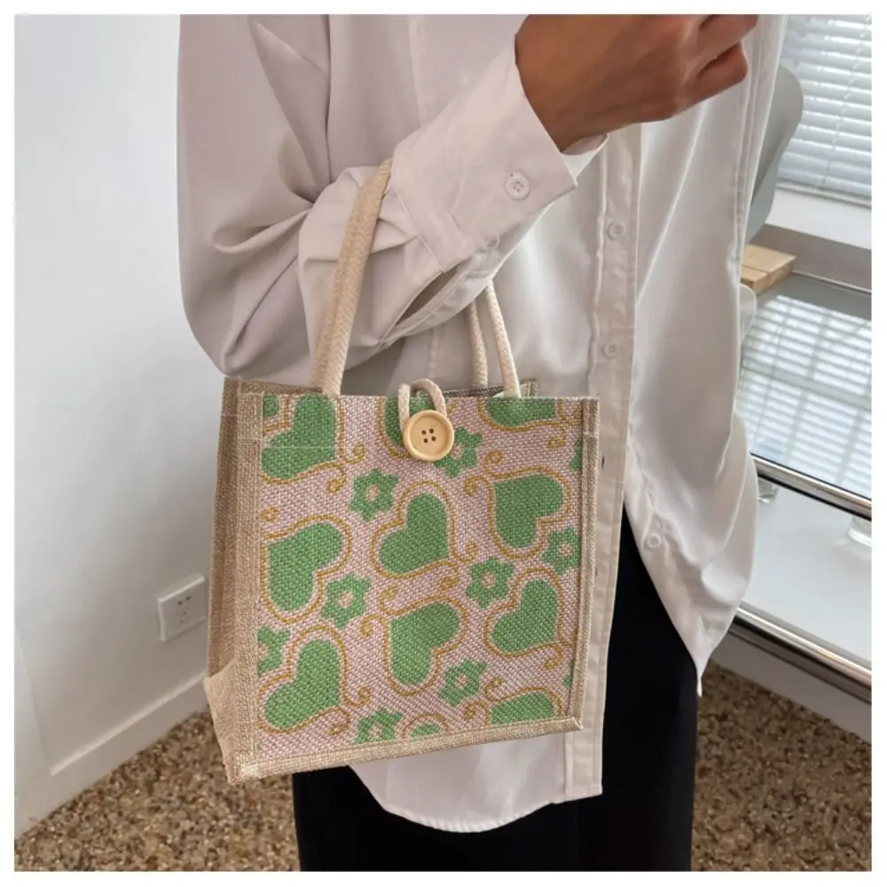 Women Linen Fabric Canvas Handbag Portable With Button Reusable Makeup Storage Small Tote Love Flower Print Lunch Bags