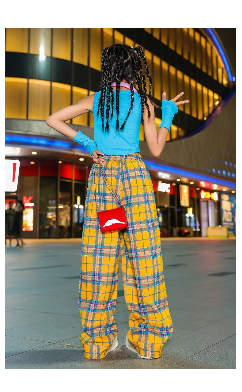 Girl Hip Hop Clothes Crop Top Yellow Plaid Cargo Pants Suit Girls\' Summer Stage Jazz Dance Spicy Girls\' Performance Clothes