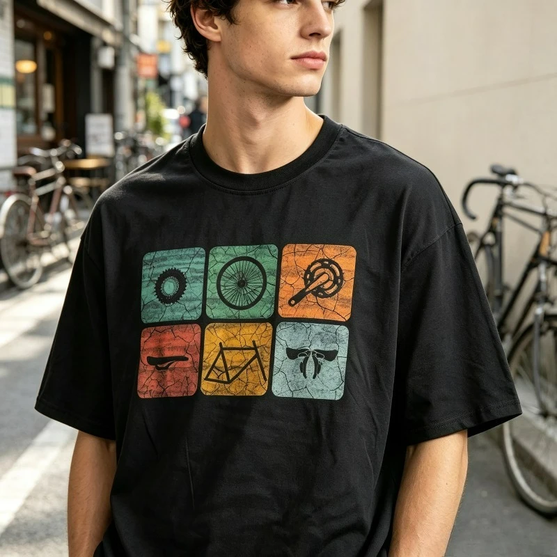 Vintage 6‑Square Bicycle Parts Print Men T‑Shirt 100% Cotton Retro Bike Component Graphic  Cyclist Sports Casual Streetwear Top