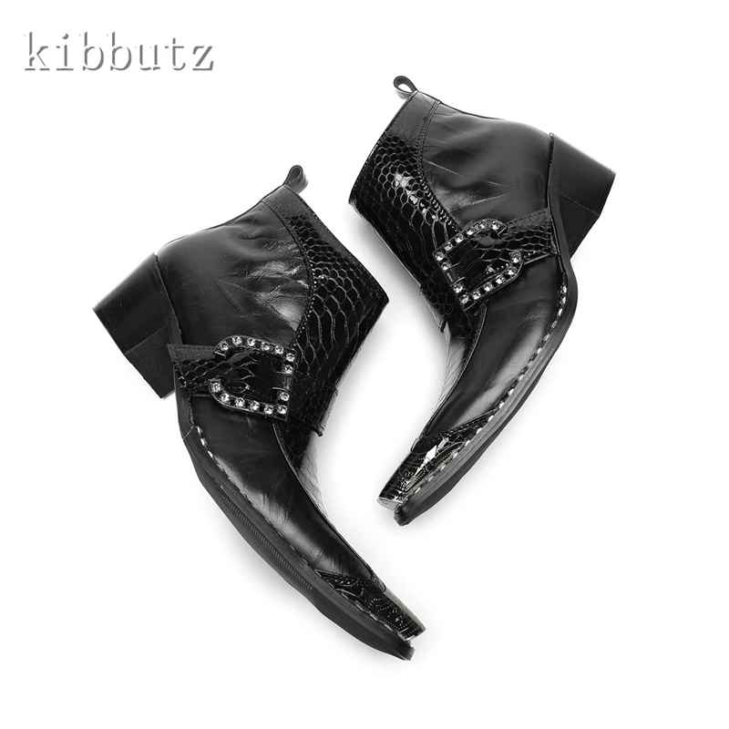 Black Snake Pattern Men Ankle Boots Pointed Metal Toe Genuine Leather Rivets Fashion Cowboy Buckle Punk Boots