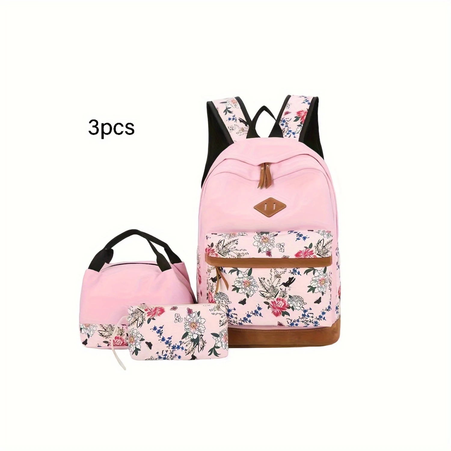 

Floral Pattern Backpack Set with Lunch Box and Pencil Case, Canvas Travel Schoolbag