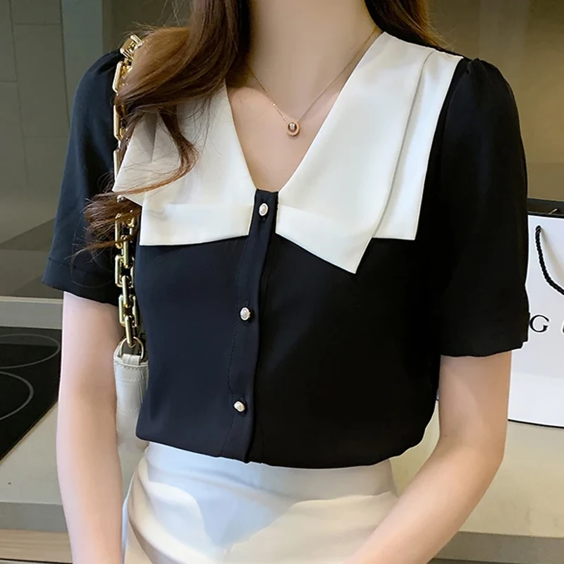 Summer Women Black Blouse Short Sleeve V-Neck Chiffon Blouse Shirt Tops Blouse Women Blusas Mujer De Moda 2024 Blouses Femme F59