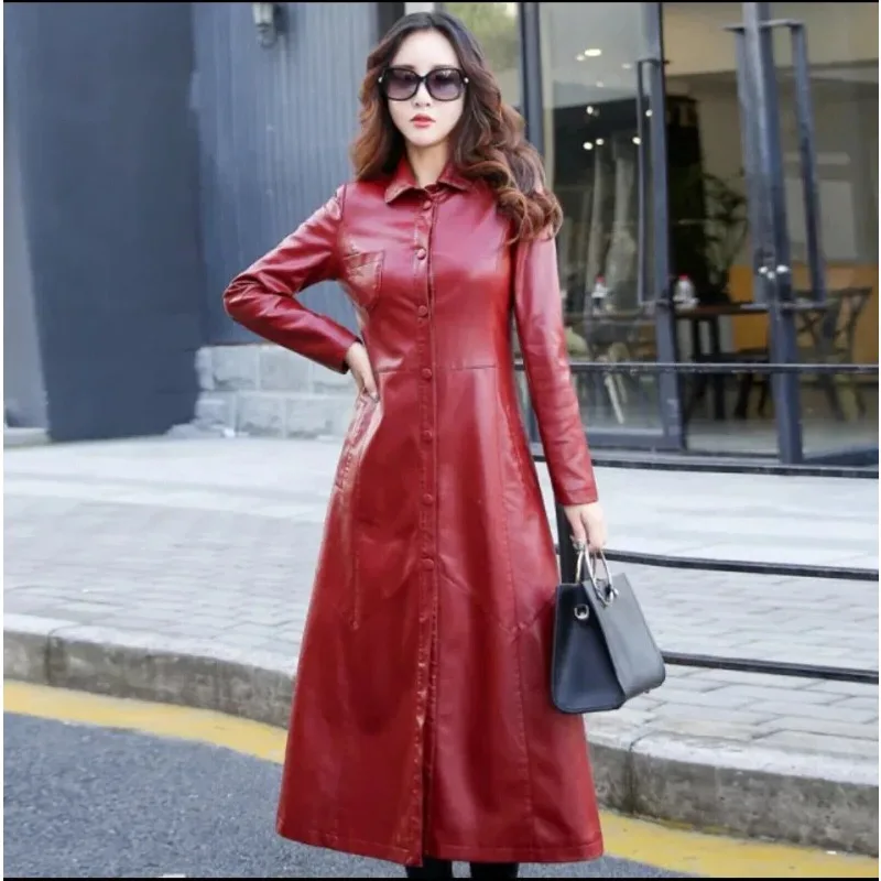 

Women's Stylish Trench Coat Lambskin Red Leather Long Trench Coat Dress