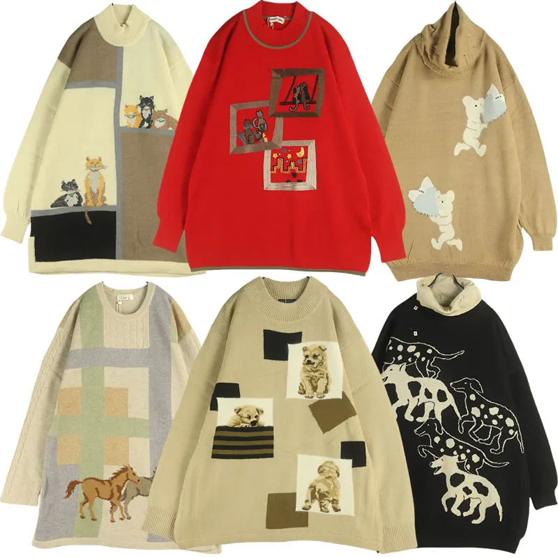 

Свободный пуловер с мультяшным вышивкой для милых девочек, трикотаж, винтажный зимний женский круглый свитер Fair Isle Sle