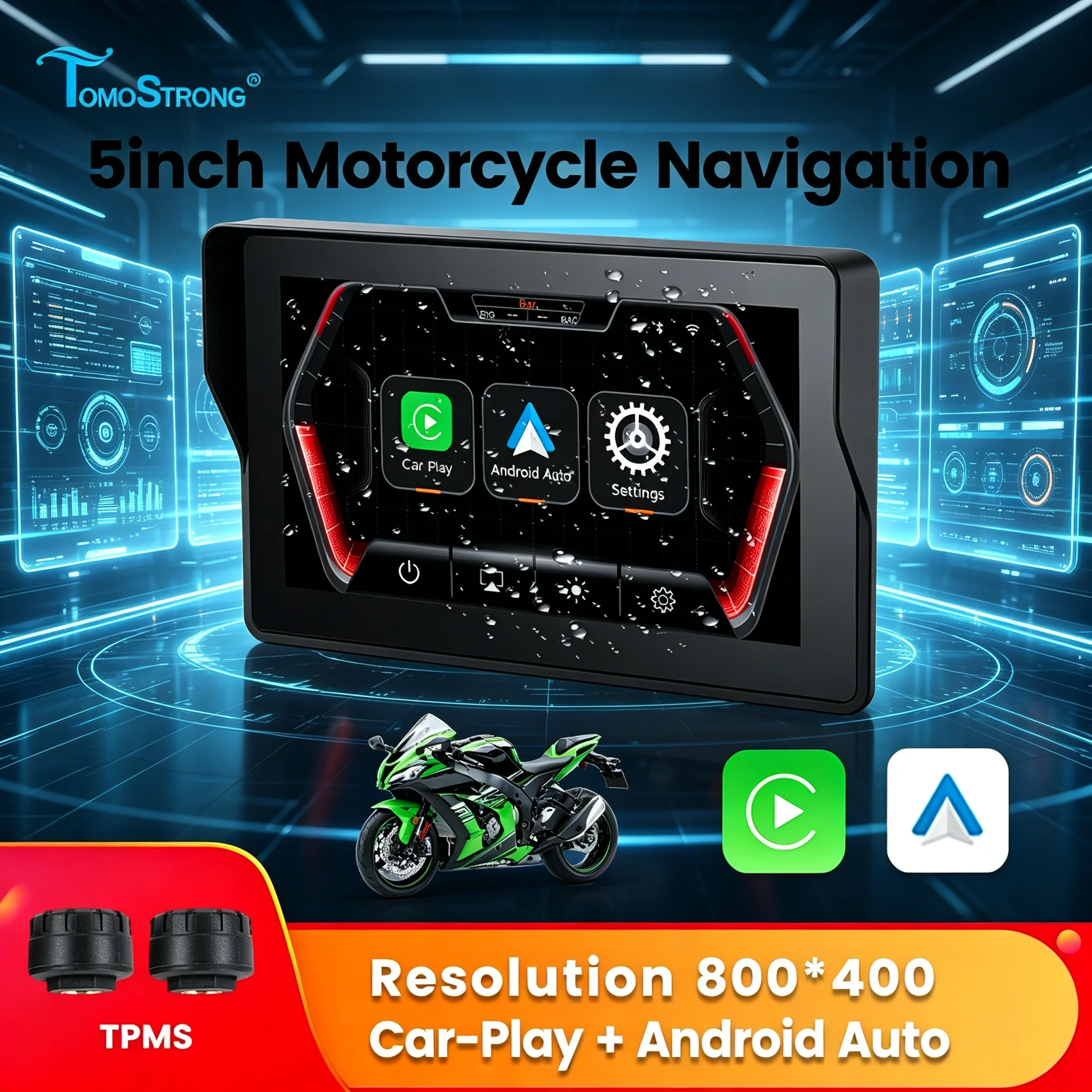 

Tomostrong 5-дюймовый навигационный экран для мотоцикла, беспроводной CarPlay Android Auto, солнцезащитный козырек для мотоцикла, универсальный
