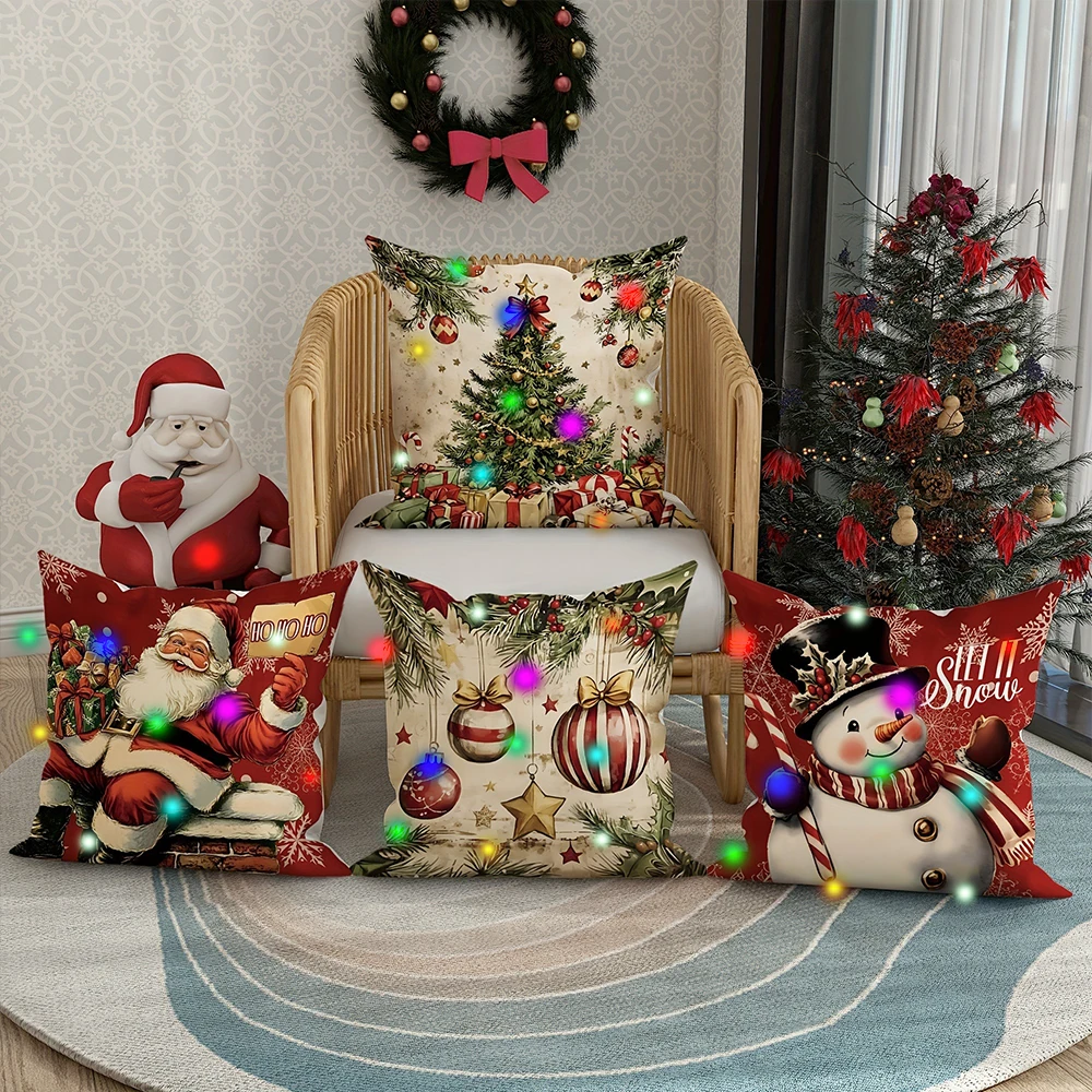 Retro Santa Claus Christmas Tree LED Pillowcase Holiday Party Supplies Super Soft Skin-friendly Pillowcase Christmas Decoration