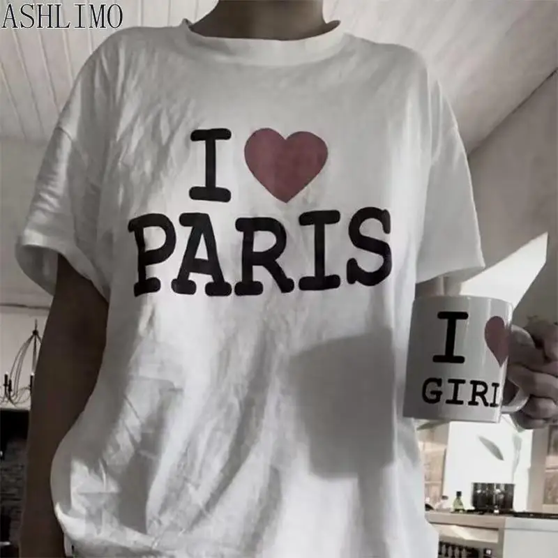 

Women Funny T-shirt I Love Paris Letter Print T Shirt 2000s Y2k Aesthetic Clothes Harajuku Punk Oversize Tshirt Vintage Female