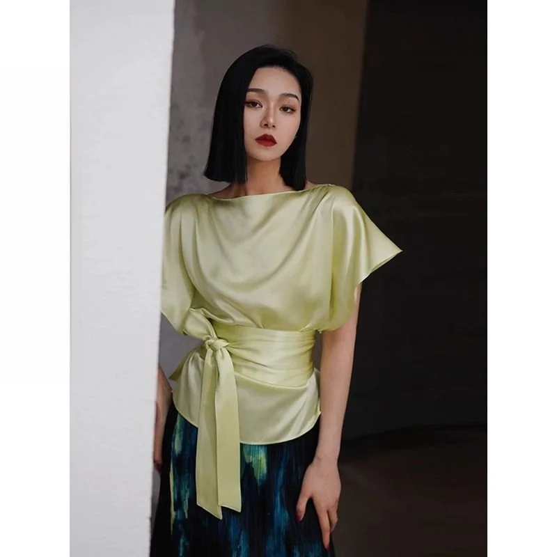 

Шелковая футболка Ele Silk с эффектом похудения, однотонная, свободного кроя, с коротким рукавом, круглым вырезом, для повседневной носки, весенняя мода