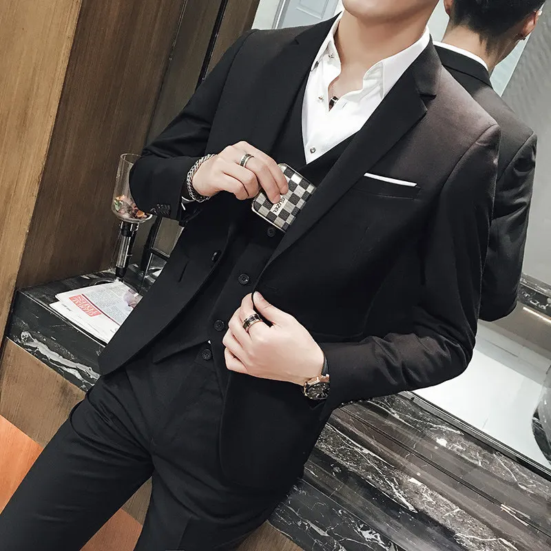 Black Men's Three-piece Suit Set Featuring A Slim-fit Jacket and Vest in Asian Sizes, Paired with Pants. Red, Blue, Gray