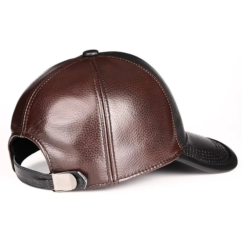 Top Grain Cowhide Baseball Cap Men Hand Stitched Panels Smooth Genuine Leather Curved Brim Adjustable Windproof Peaked Hat