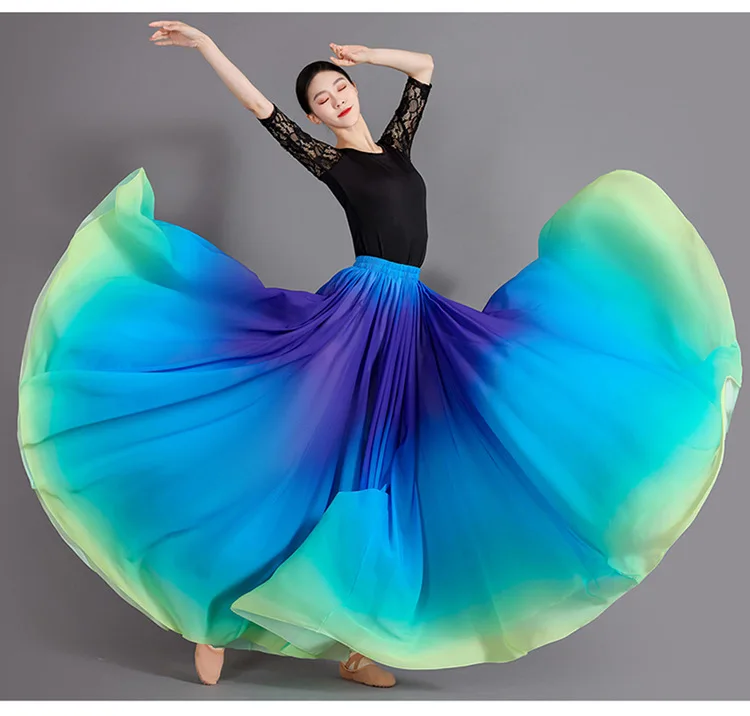 Women's 360-720 Degrees Big-hem Dance Skirts Gradient Color Chiffon Maxi Skirts Elastic-waist Elegant Square Dance A-line Skirts