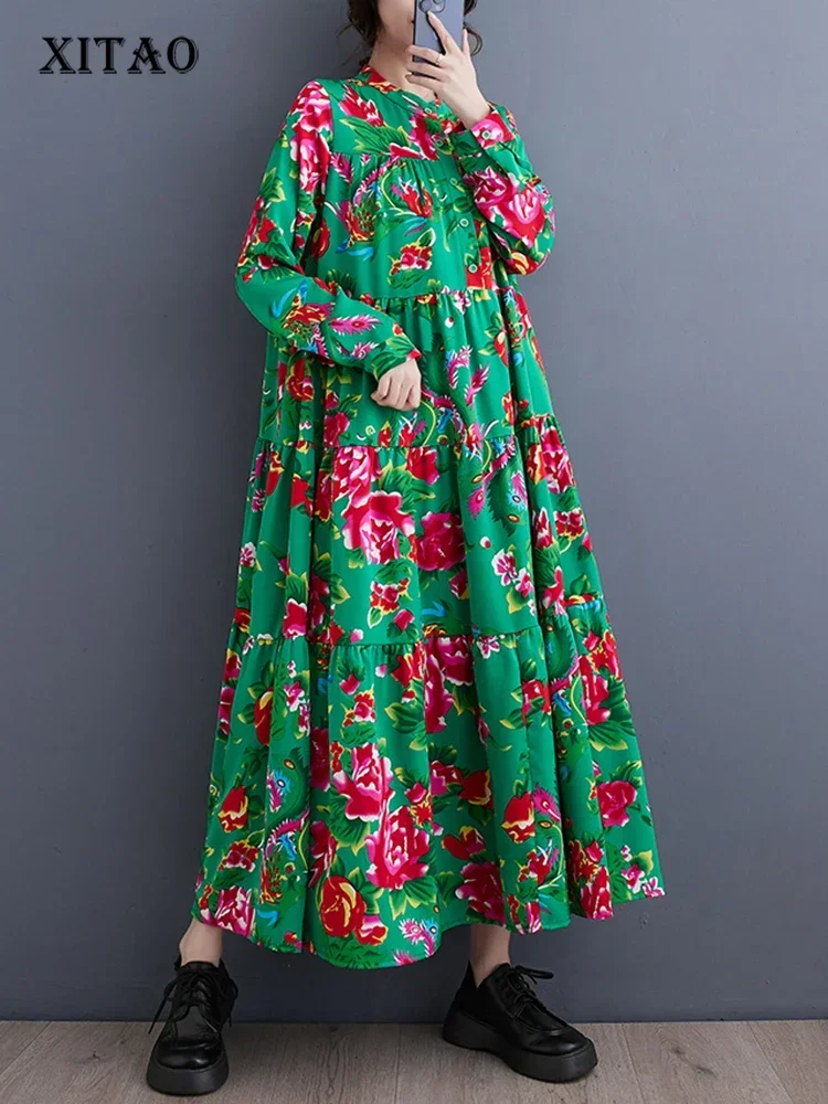 XITAO sukienka z nadrukiem w stylu vintage kontrastowy kolor moda w stylu etnicznym odzież damska z długim rękawem luźna koszula sukienka wiosna nowy HQQ2218