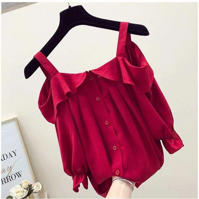 Fashion Slip Slash Neck Off Shoulder Ruffles Shirts Women\'s Clothing 2024 Summer New Loose Sweet Tops Butterfly Sleeve Blouses