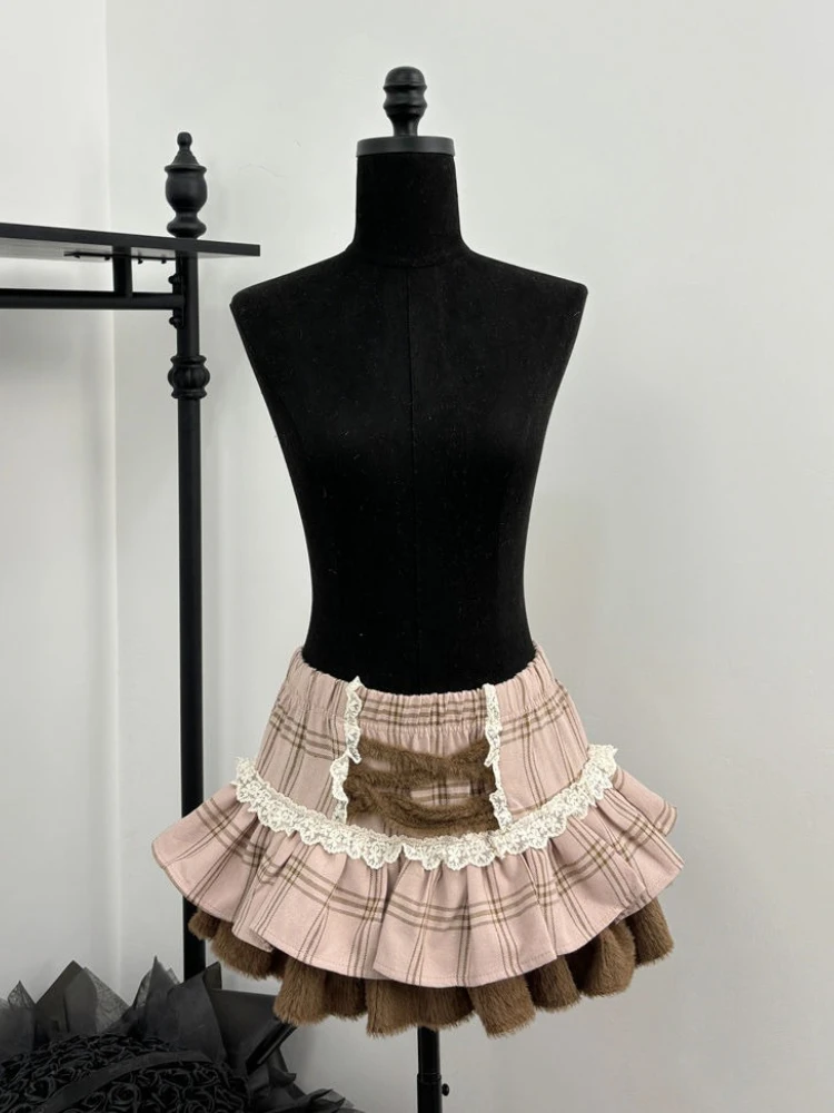 Japanische süße Lolita Frauen Herbst 2-teiliges Set Slash Neck süße Spitze Schleife Tops + karierten Kuchen Rock weibliche koreanische Kawaii Party Anzug