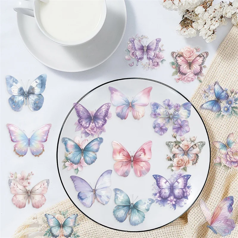 50PCS Kawaii Color Butterfly PET Sticker Aesthetic Decoration Scrapbooking Stationery DIY Hand Accounting Supplies for Kids